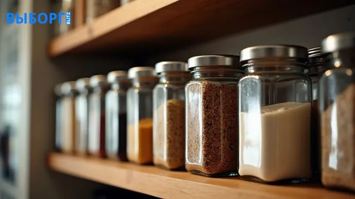 Баночки со специями на кухонной полке Баночки со специями на кухонной полке